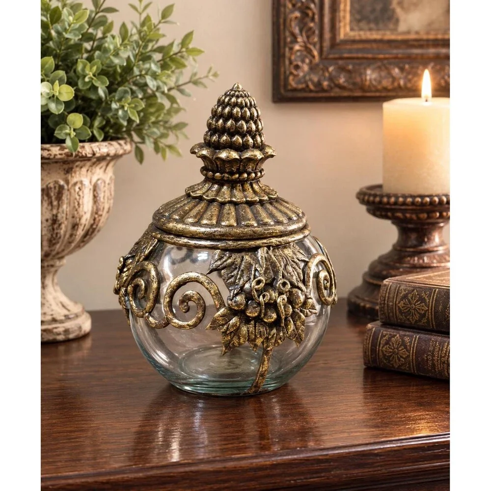 Ornate Gold Grapevine Glass Jar with Lid – Made in Philippines